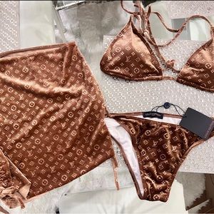 🤎 LOUIS VUITTON Monogram LV Velvet Brown Gold 3 Piece Bikini Swimsuit NEW